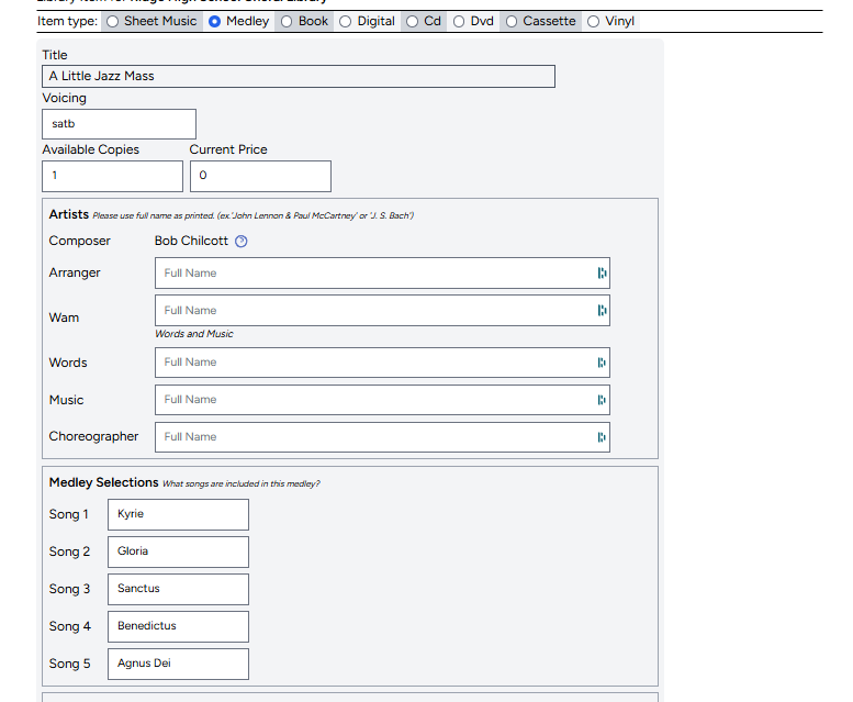 Sample Library Table