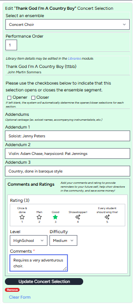 Completed repertoire form