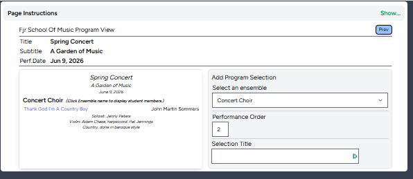 Program view with one selection
