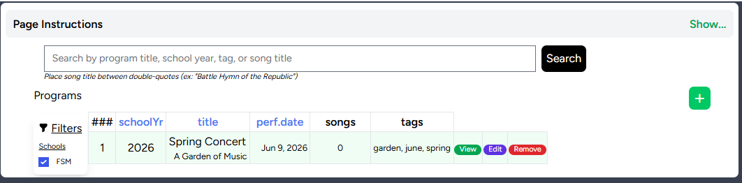 Progam table with program