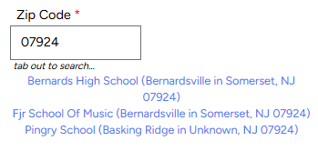 Zip code search results