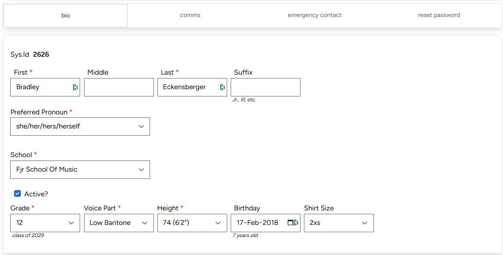 Completed student bio form