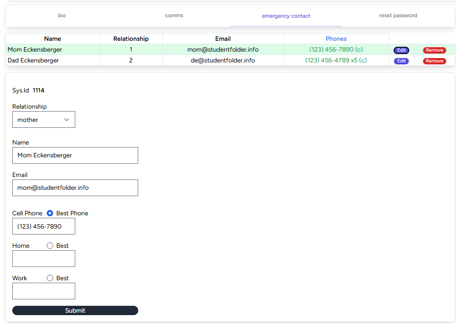 Completed student emergency contact form